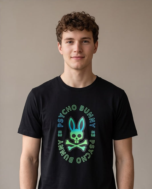 Camiseta Psycho Bunny Sello Circular Neon Negra Hombre - Manga Corta Algodón