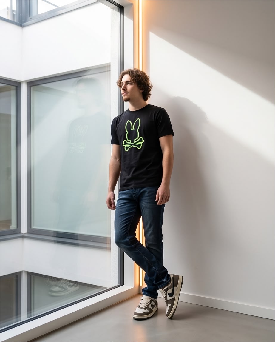 Camiseta Psycho Bunny Logo Neon Verde Negra Hombre - Manga Corta Algodón