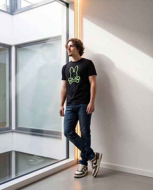Camiseta Psycho Bunny Logo Neon Verde Negra Hombre - Manga Corta Algodón