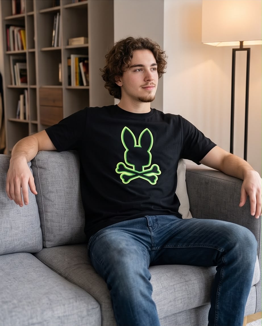 Camiseta Psycho Bunny Logo Neon Verde Negra Hombre - Manga Corta Algodón
