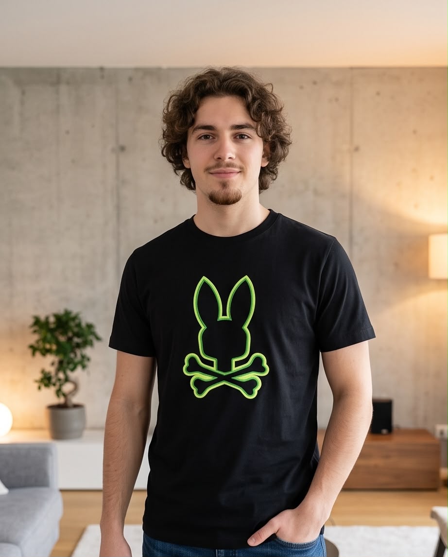 Camiseta Psycho Bunny Logo Neon Verde Negra Hombre - Manga Corta Algodón