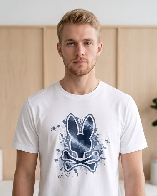 Camiseta Psycho Bunny Logo Splash Azul Marino Blanca Hombre - Manga Corta Algodón