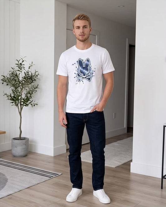 Camiseta Psycho Bunny Logo Splash Azul Marino Blanca Hombre - Manga Corta Algodón