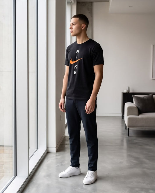 Camiseta Nike Swoosh Naranja Negra Hombre - Manga Corta Algodón