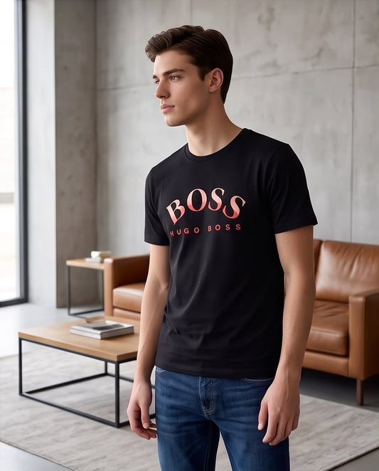 Camiseta Hugo Boss Logo Rojo Coral Negra Hombre - Manga Corta Algodón