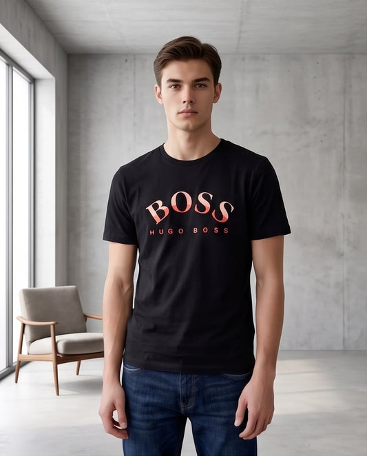 Camiseta Hugo Boss Logo Rojo Coral Negra Hombre - Manga Corta Algodón