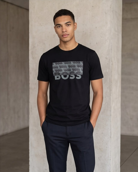 Camiseta Hugo Boss Logo Tono sobre Tono Negra Hombre - Manga Corta Algodón