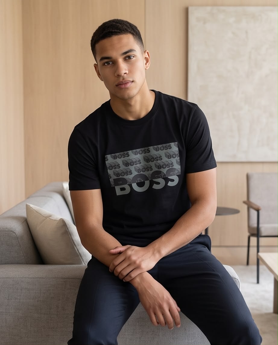 Camiseta Hugo Boss Logo Tono sobre Tono Negra Hombre - Manga Corta Algodón