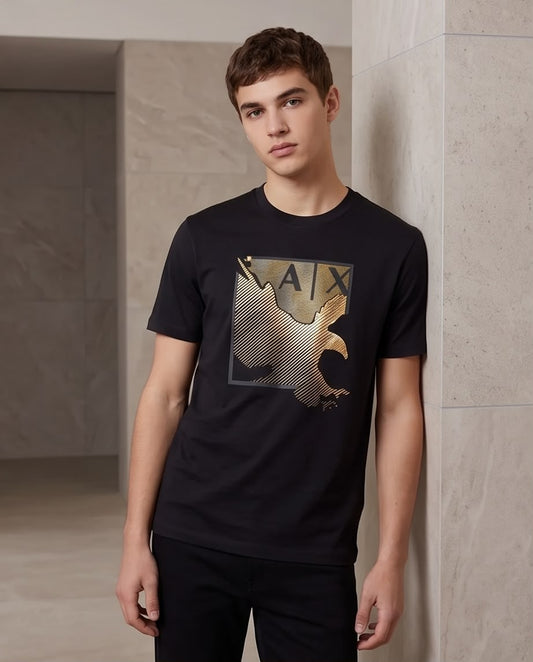 Camiseta Armani Exchange Logo AX Aguila Dorada Negra Hombre - Manga Corta Algodón