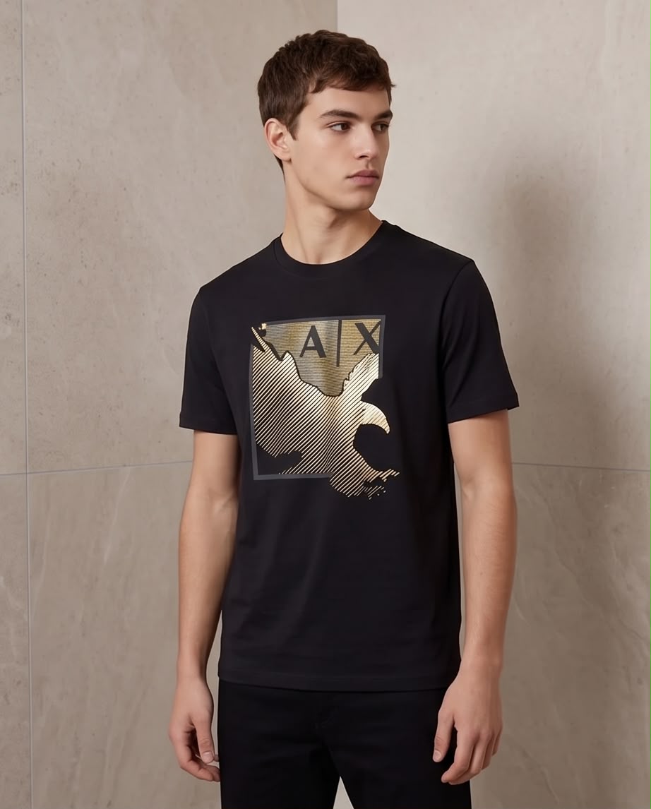 Camiseta Armani Exchange Logo AX Aguila Dorada Negra Hombre - Manga Corta Algodón