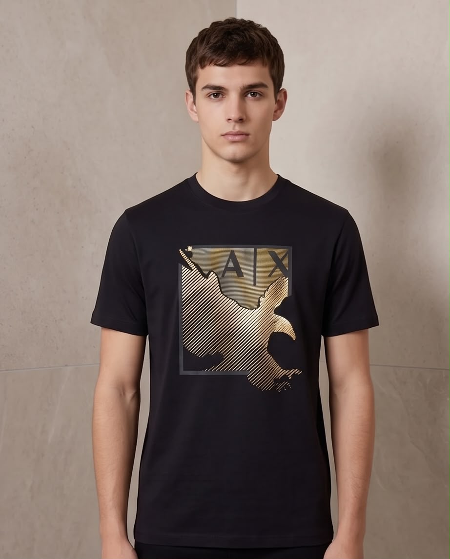 Camiseta Armani Exchange Logo AX Aguila Dorada Negra Hombre - Manga Corta Algodón