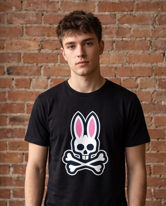 Camiseta Psycho Bunny Logo Clasico Blanco Negra Hombre - Manga Corta Algodón