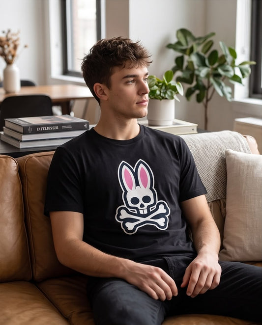 Camiseta Psycho Bunny Logo Clasico Blanco Negra Hombre - Manga Corta Algodón