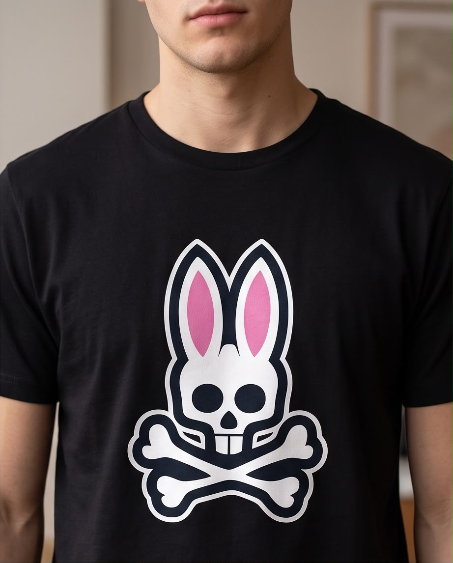 Camiseta Psycho Bunny Logo Clasico Blanco Negra Hombre - Manga Corta Algodón
