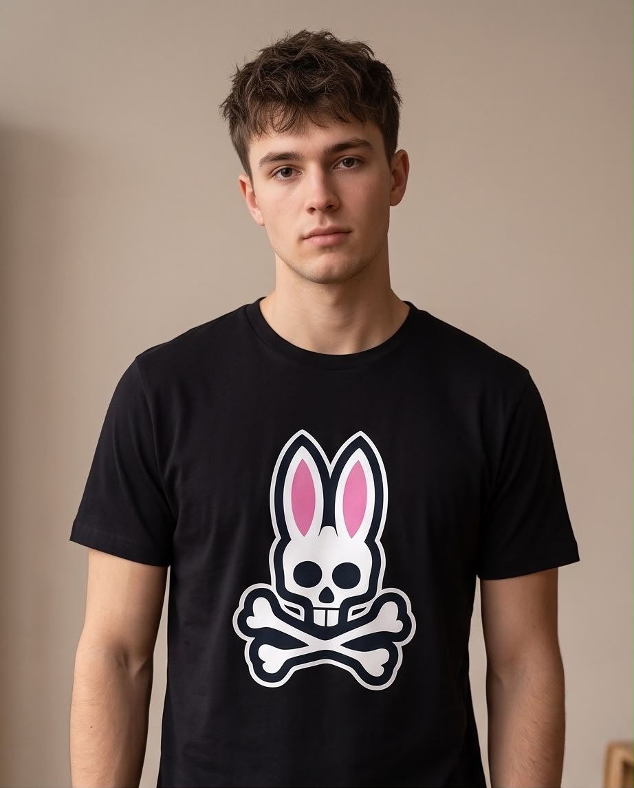Camiseta Psycho Bunny Logo Clasico Blanco Negra Hombre - Manga Corta Algodón