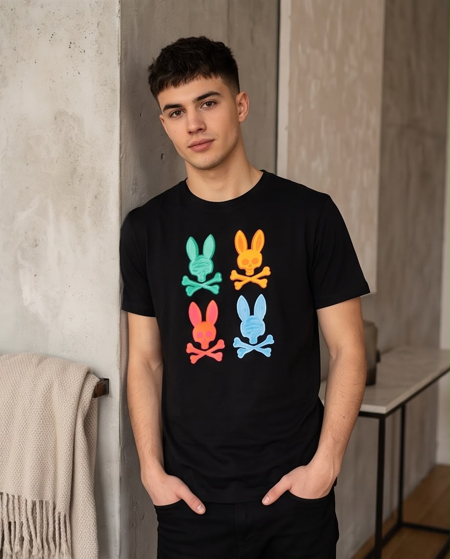 Camiseta Psycho Bunny Cuatro Logos Multicolor Negra Hombre - Manga Corta Algodón