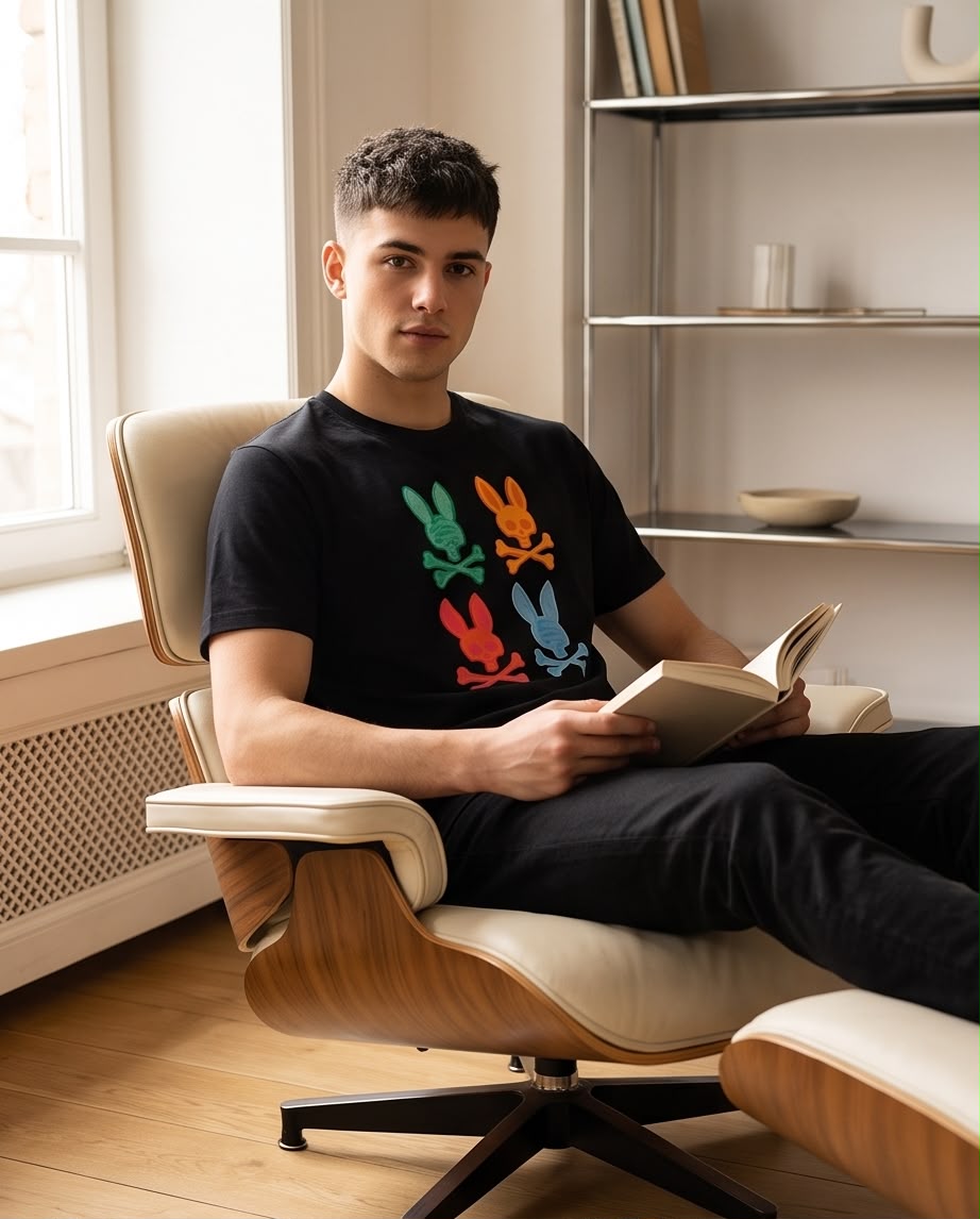Camiseta Psycho Bunny Cuatro Logos Multicolor Negra Hombre - Manga Corta Algodón