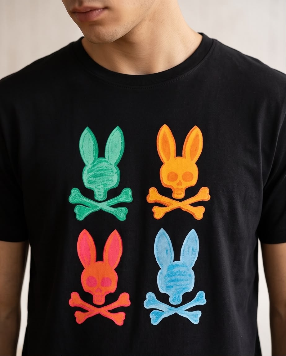 Camiseta Psycho Bunny Cuatro Logos Multicolor Negra Hombre - Manga Corta Algodón