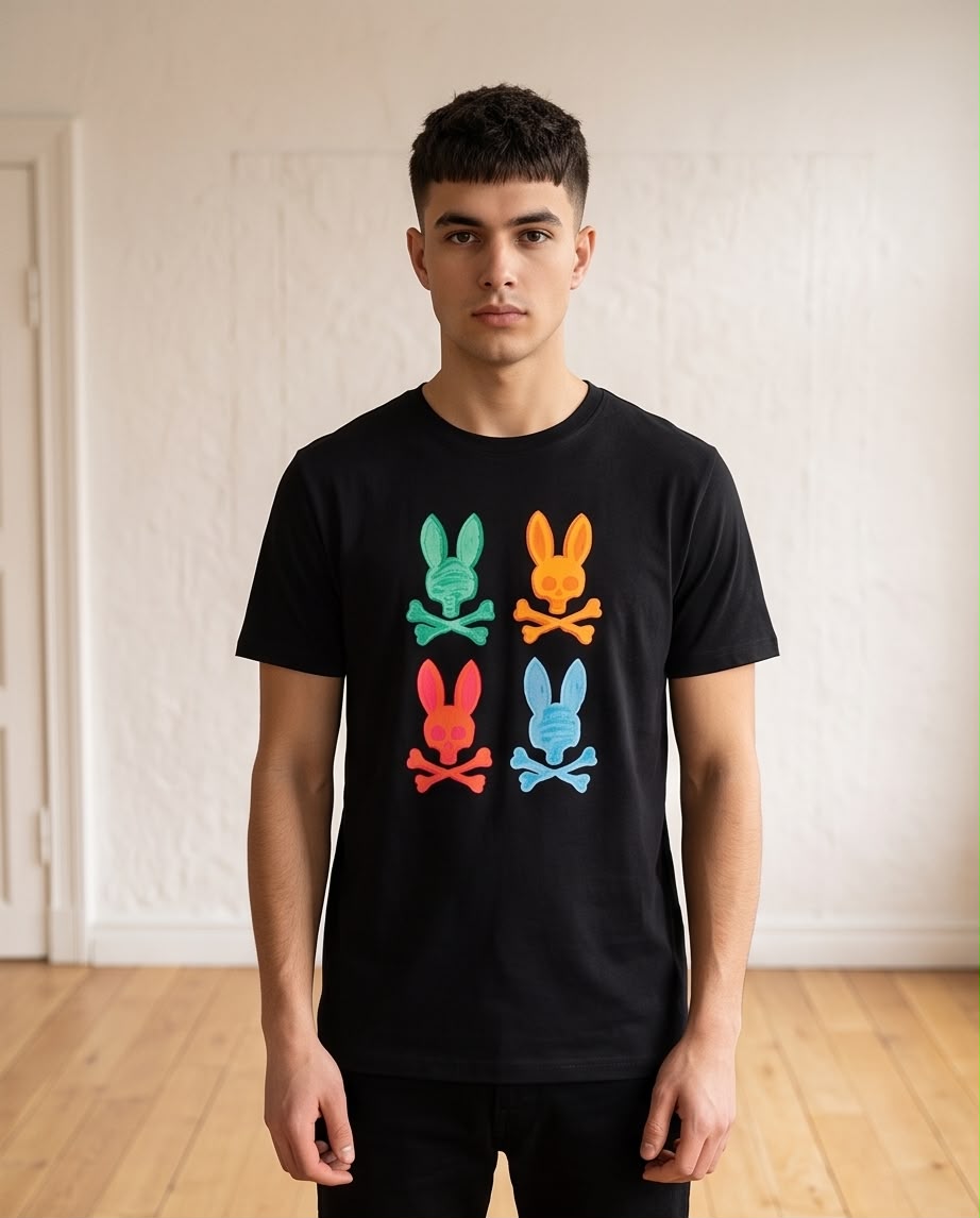 Camiseta Psycho Bunny Cuatro Logos Multicolor Negra Hombre - Manga Corta Algodón