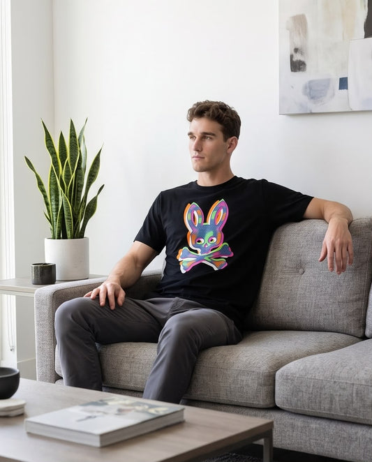Camiseta Psycho Bunny Logo Pop Art Multicolor Negra Hombre - Manga Corta Algodón