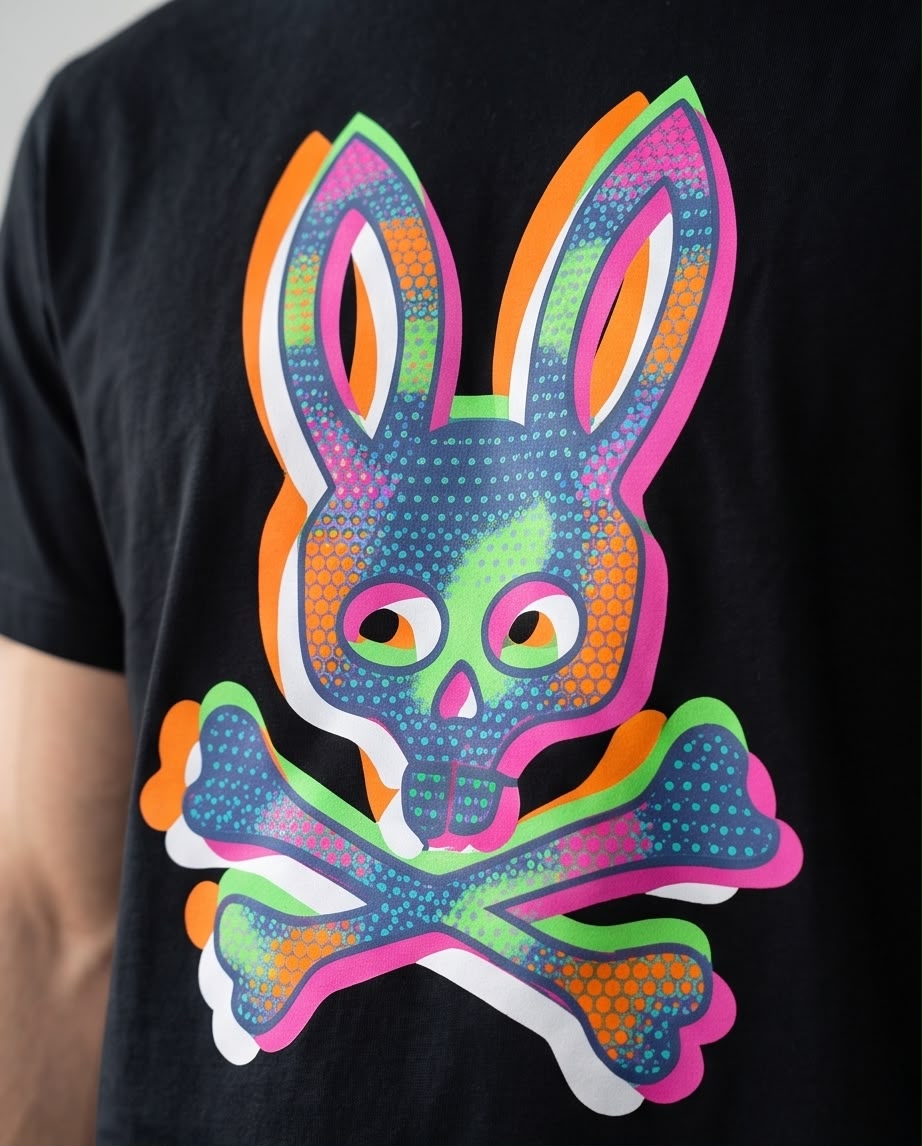 Camiseta Psycho Bunny Logo Pop Art Multicolor Negra Hombre - Manga Corta Algodón