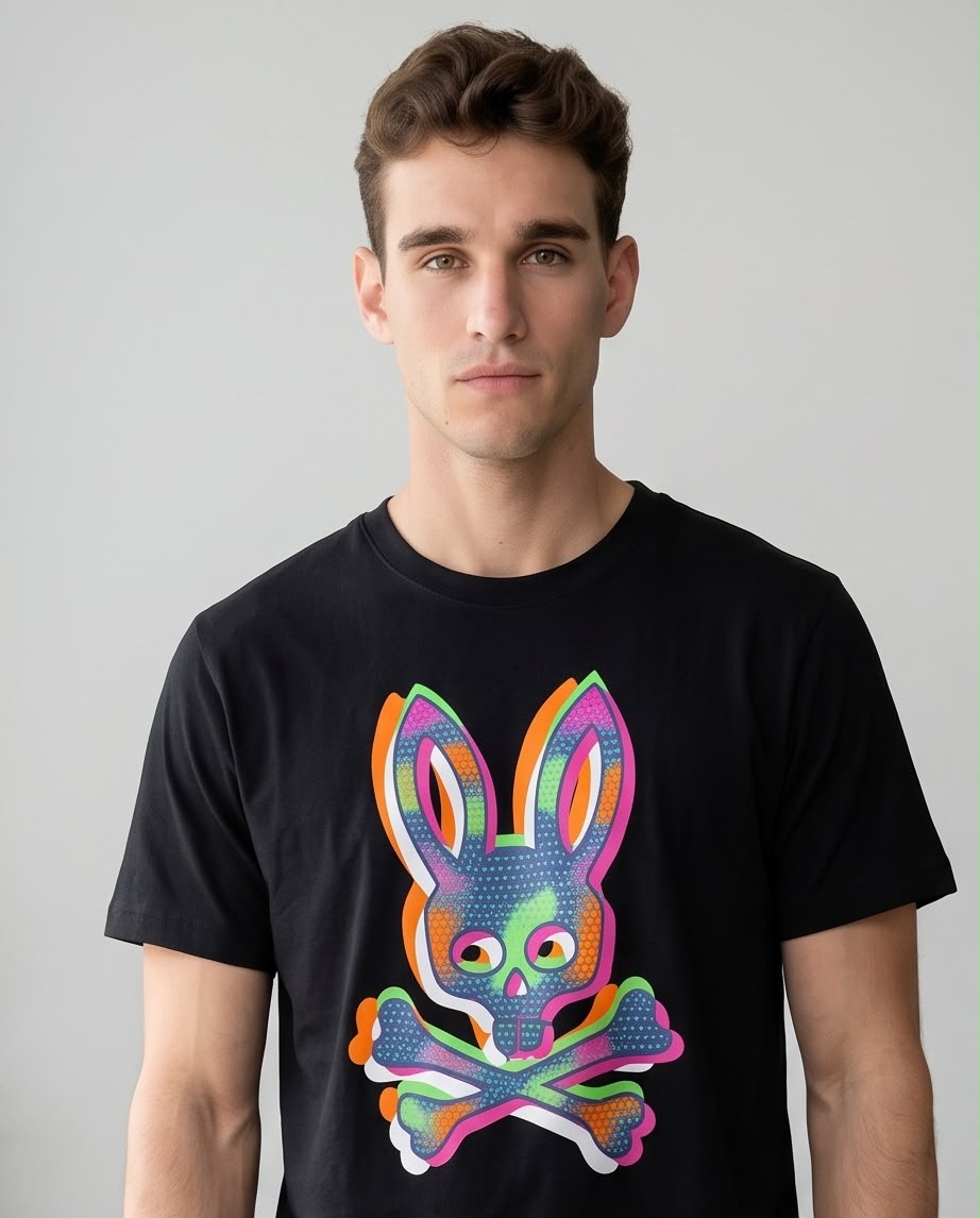 Camiseta Psycho Bunny Logo Pop Art Multicolor Negra Hombre - Manga Corta Algodón
