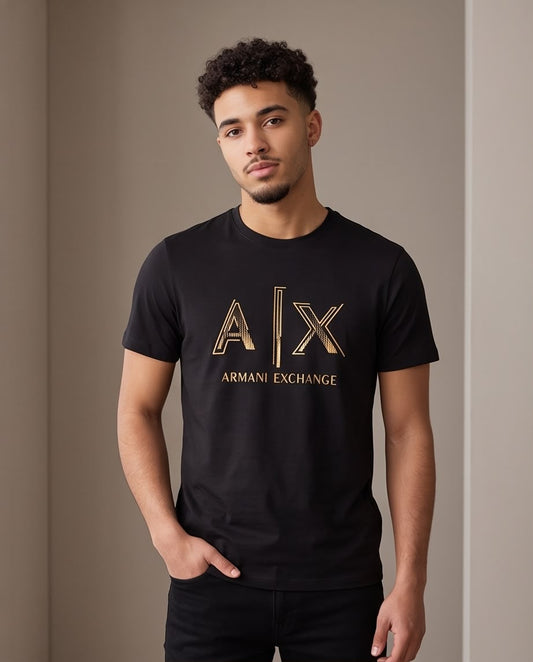 Camiseta Armani Exchange Logo AX Dorado Negra Hombre - Manga Corta Algodón