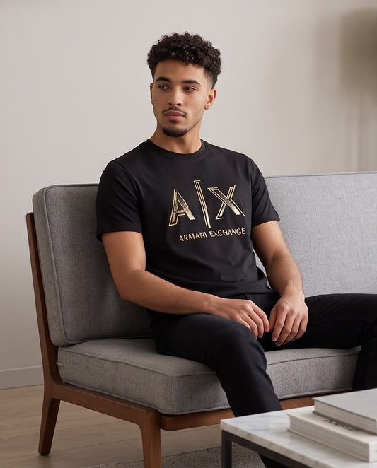 Camiseta Armani Exchange Logo AX Dorado Negra Hombre - Manga Corta Algodón