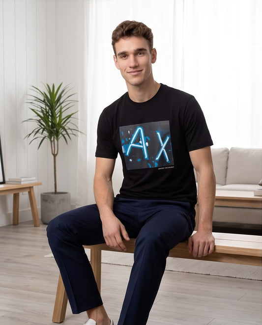 Camiseta Armani Exchange Logo AX Neon Azul Negra Hombre - Manga Corta Algodón