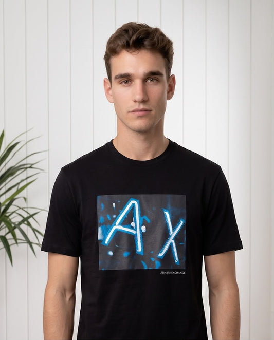 Camiseta Armani Exchange Logo AX Neon Azul Negra Hombre - Manga Corta Algodón