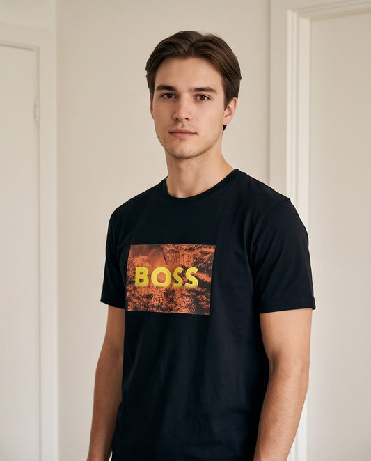 Camiseta Hugo Boss Logo Foto Paisaje Negra Hombre - Manga Corta Algodón