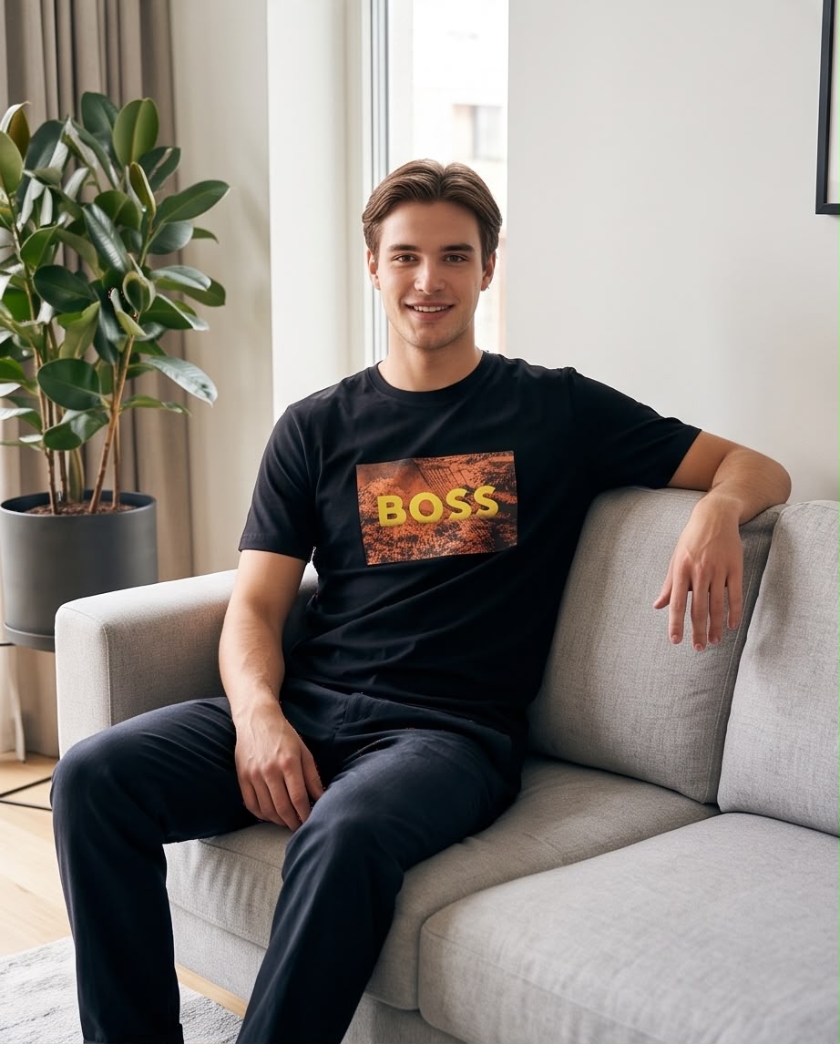 Camiseta Hugo Boss Logo Foto Paisaje Negra Hombre - Manga Corta Algodón