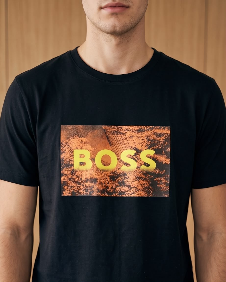 Camiseta Hugo Boss Logo Foto Paisaje Negra Hombre - Manga Corta Algodón