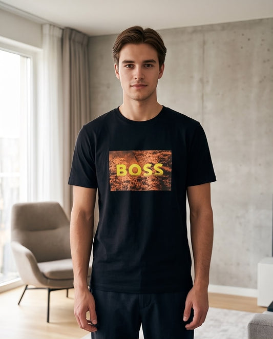 Camiseta Hugo Boss Logo Foto Paisaje Negra Hombre - Manga Corta Algodón
