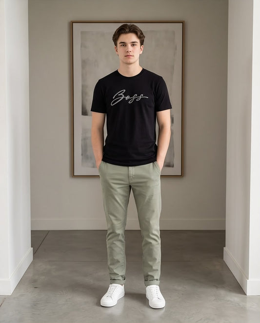 Camiseta Hugo Boss Logo Cursiva Plateada Negra Hombre - Manga Corta Algodón