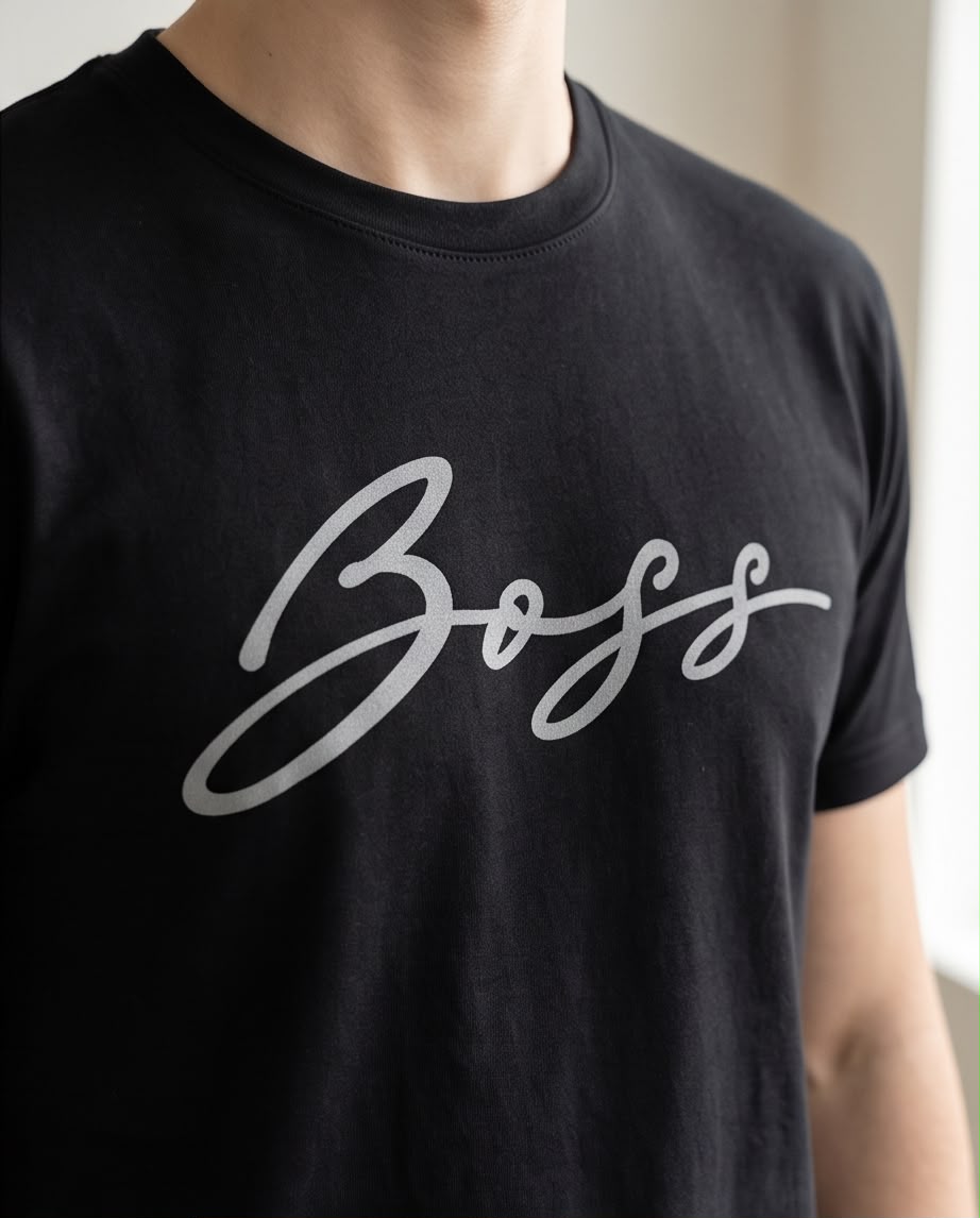 Camiseta Hugo Boss Logo Cursiva Plateada Negra Hombre - Manga Corta Algodón