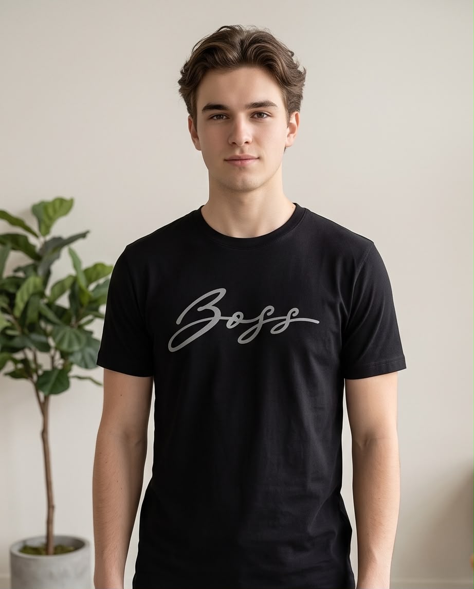 Camiseta Hugo Boss Logo Cursiva Plateada Negra Hombre - Manga Corta Algodón