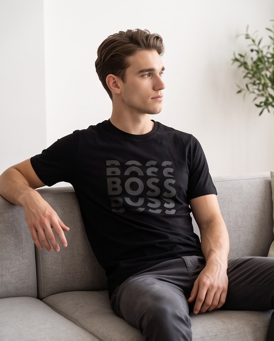 Camiseta Hugo Boss Logo Triple Tono sobre Tono Negra Hombre - Manga Corta Algodón