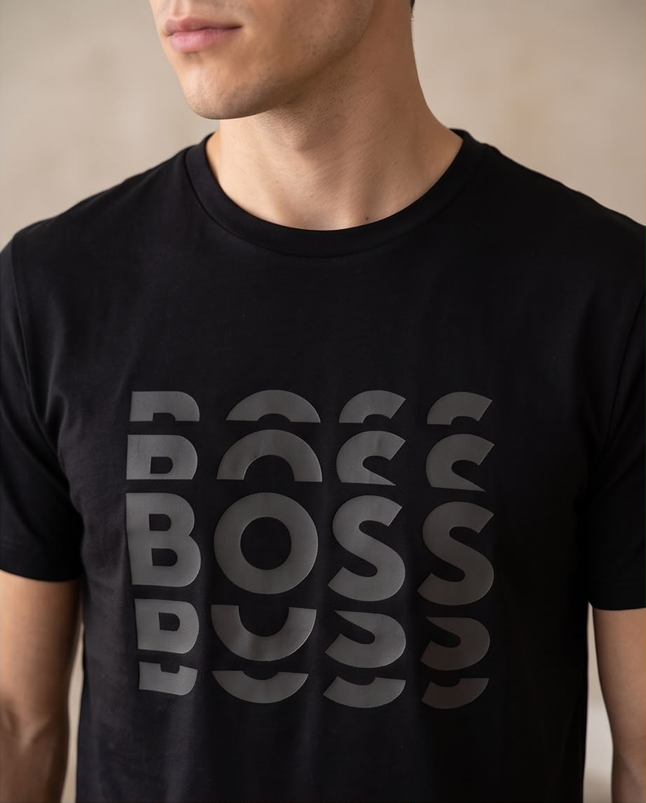 Camiseta Hugo Boss Logo Triple Tono sobre Tono Negra Hombre - Manga Corta Algodón