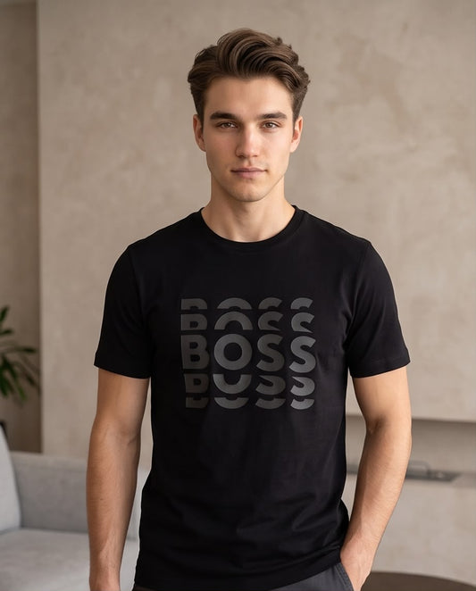 Camiseta Hugo Boss Logo Triple Tono sobre Tono Negra Hombre - Manga Corta Algodón