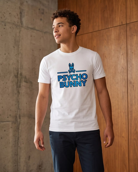 Camiseta Psycho Bunny Logo Texto Azul Blanca Hombre - Manga Corta Algodón
