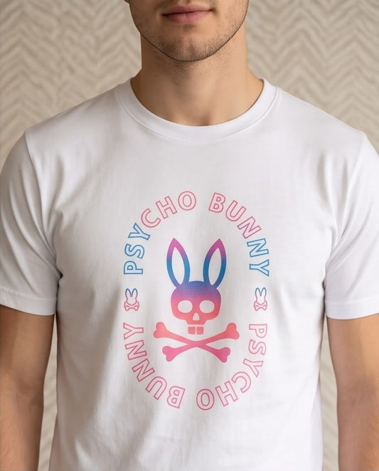 Camiseta Psycho Bunny Sello Degradado Blanca Hombre - Manga Corta Algodón
