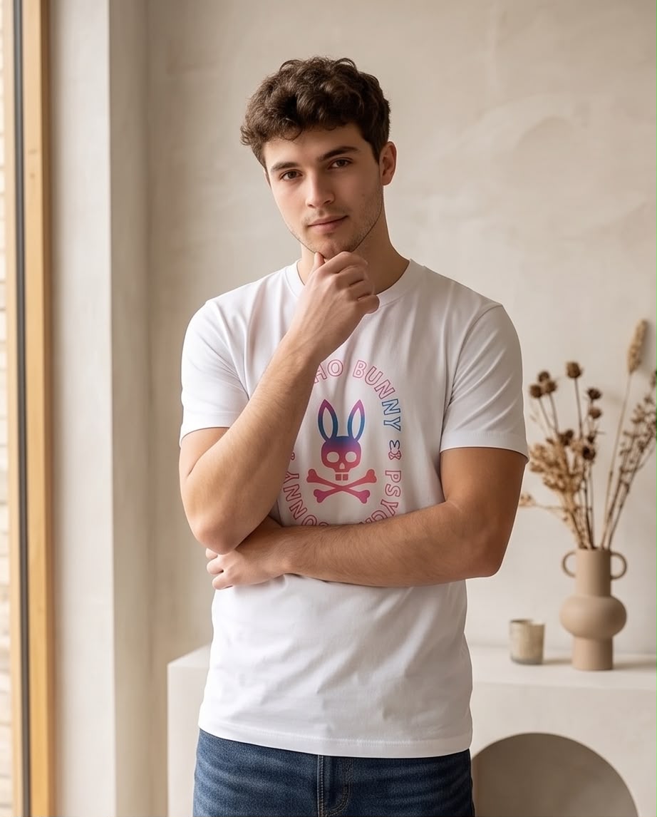 Camiseta Psycho Bunny Sello Degradado Blanca Hombre - Manga Corta Algodón
