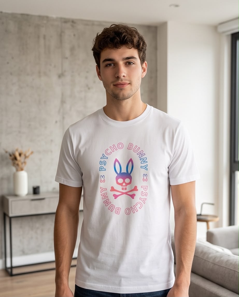 Camiseta Psycho Bunny Sello Degradado Blanca Hombre - Manga Corta Algodón