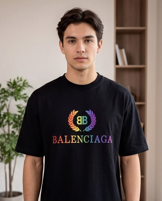 Camiseta Balenciaga Logo BB Laurel Multicolor Negra Hombre - Manga Corta Algodón
