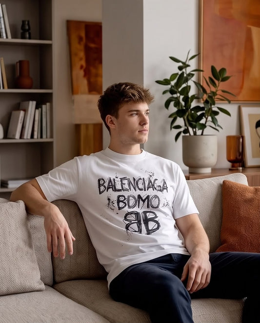 Camiseta Balenciaga Logo Grunge BB Blanca Hombre - Manga Corta Algodón