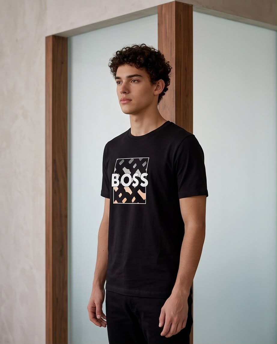 Camiseta Hugo Boss Logo Recuadro Geometrico Negra Hombre - Manga Corta Algodón