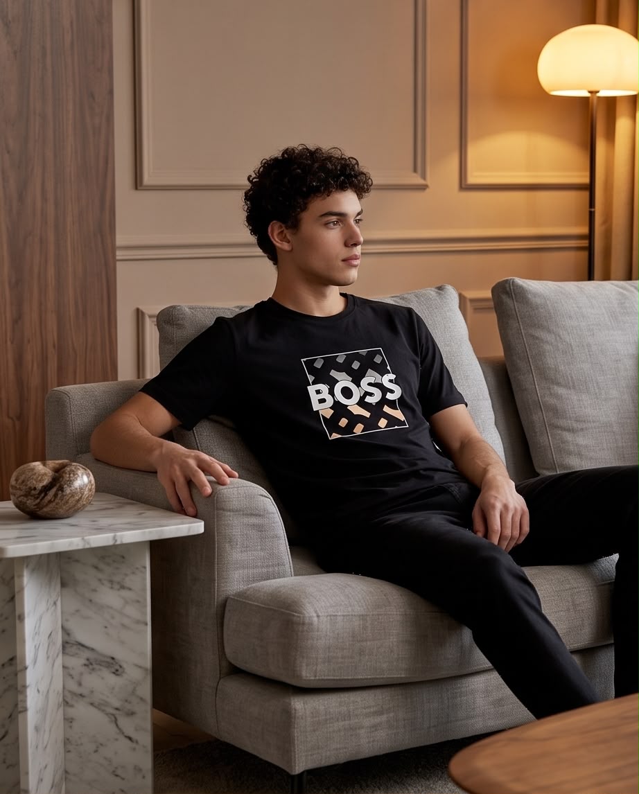 Camiseta Hugo Boss Logo Recuadro Geometrico Negra Hombre - Manga Corta Algodón