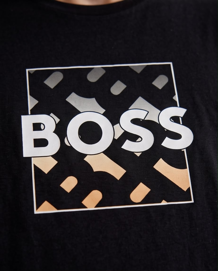Camiseta Hugo Boss Logo Recuadro Geometrico Negra Hombre - Manga Corta Algodón