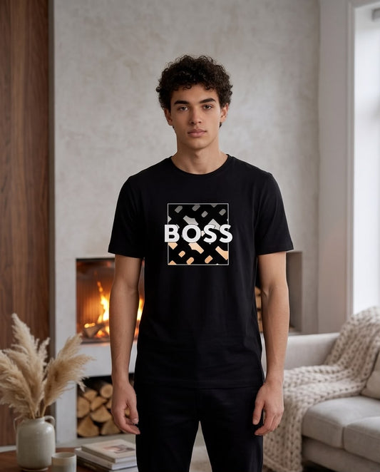 Camiseta Hugo Boss Logo Recuadro Geometrico Negra Hombre - Manga Corta Algodón